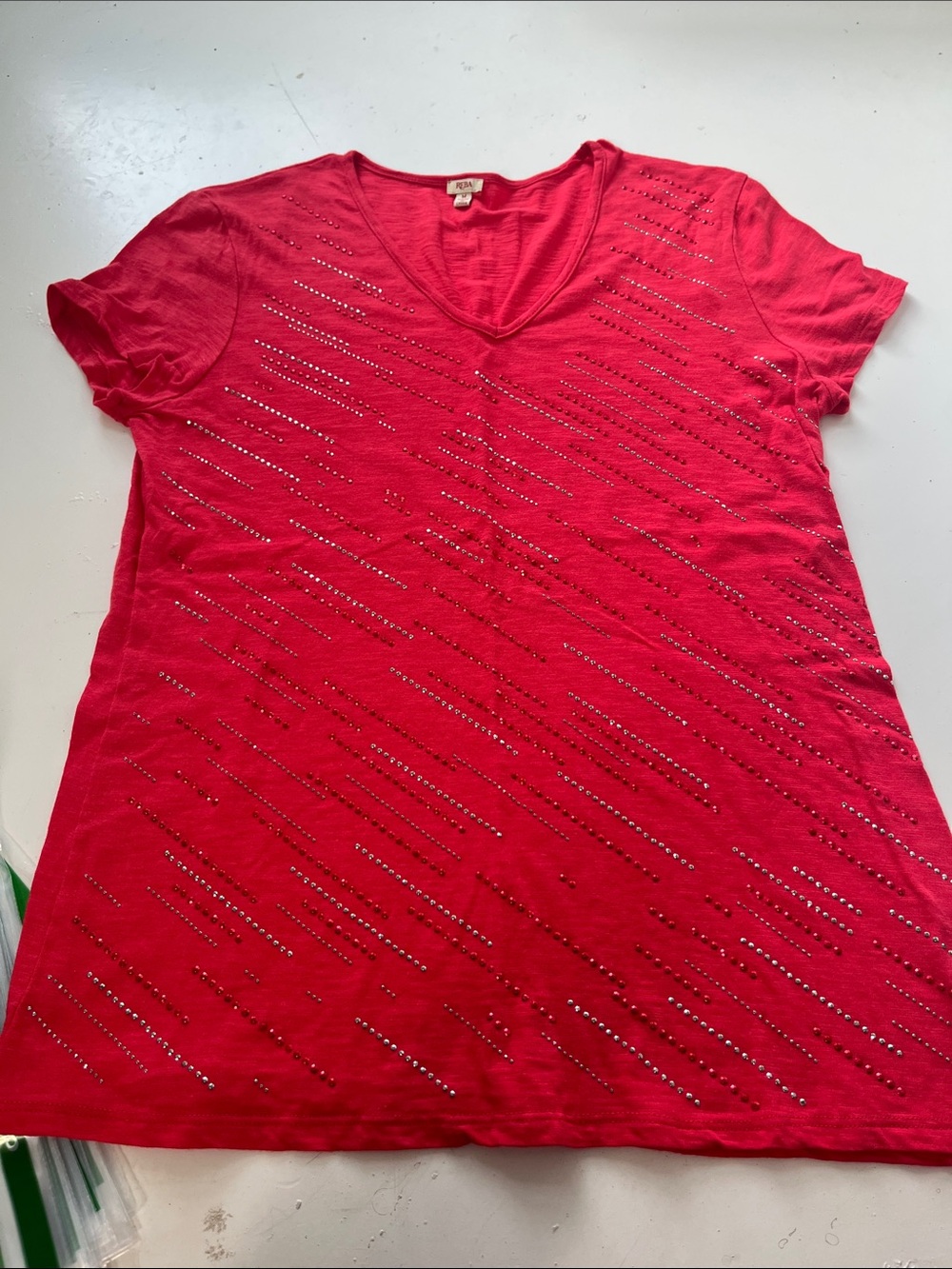 Reba Medium Pink Short Sleeve V Neck Jeweled Pattern T Shirt